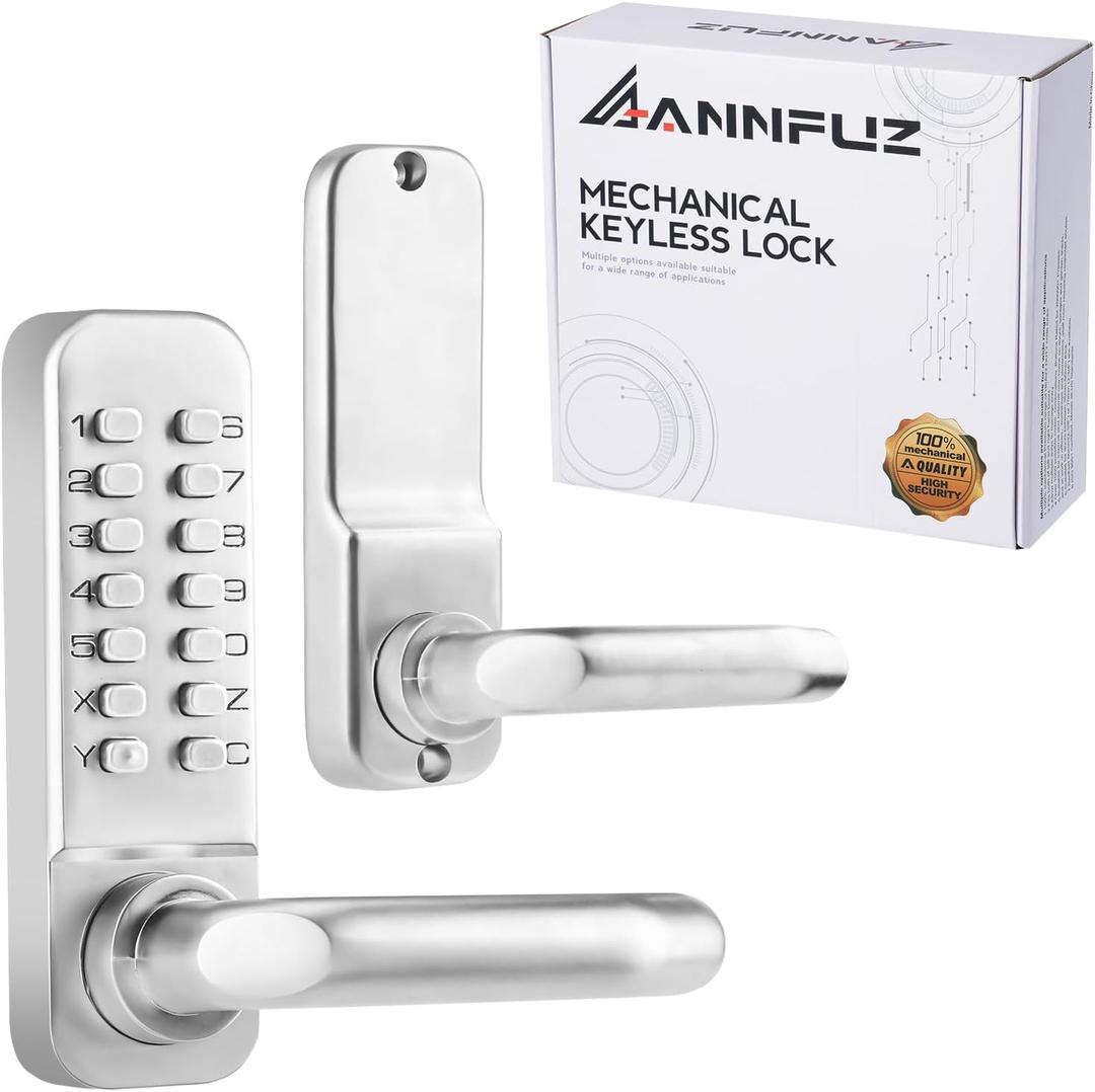 Single Sided Keypad Door Lock Lever, Mechanical Keyless Entry Door Lock with Handle, Code Combination Front Gate for Warehouse, Not Deadbolt, Auto Lock, No Electronic (Pearl Chrome)
