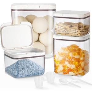 LivLab Mker 4 Pack Laundry Detergent Dispenser with One-Press Lid, Clear PET Powder container with Measuring Cup, Pods container set of 4