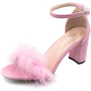 JOEupin Women's Ankle Strap Fluffy Feather Ankle Strap Block Heels Sandals Party Evening High Heel Pump Shoes 39