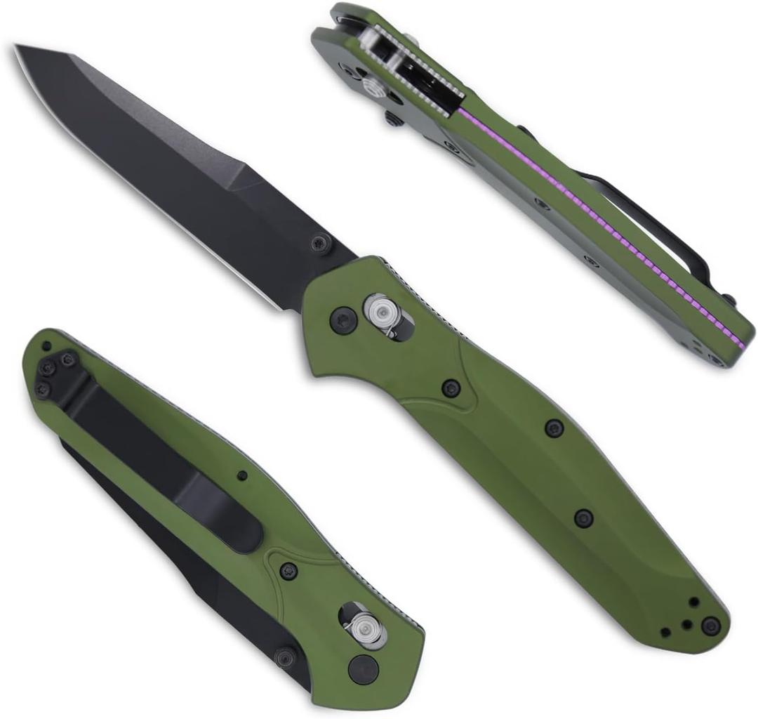 940 Axis Lock Knife with Reversible Pocket Clip, 3.2" Reverse Tanto Blade, Green Aluminum Alloy Handle With Thumb Stud Open for Outdoor, Camping, EDC