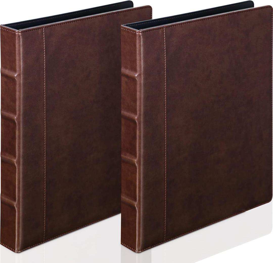 Marspark 2 Pcs Vintage Hardback 3 Ring Binder Professional Leather Binder Organizer Letter Size 8.5 x 11 Documents Round Rings Holds 200 Sheets with 2 Inner Pockets(1 Inch, Brown)