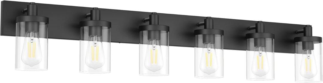 Aipsun 48in Vanity Light Black Bathroom Vanity Lighting Fixtures 6 Light Bathroom Light Fixtures with Clear Glass Shade (Exclude Bulb)
