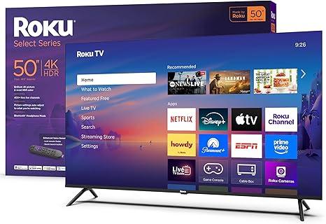 Roku Smart TV – 50-Inch Select Series, 4K HDR TV – RokuTV with Enhanced Voice Remote – Flat Screen LED Television with Wi-Fi for Streaming Live Local News, Sports, Family Entertainment