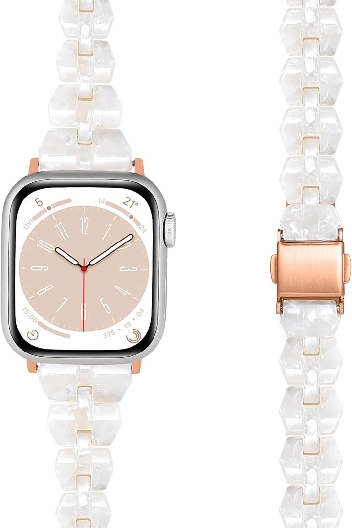 Bands Compatible with Apple Watch Band 38mm 40mm 41mm 42mm 44mm 45mm 49mm Women Slim Resin Band Bracelet Thin Lightweight Replacement Wristband for Watch Series 10 9 8 7/Series SE/6 5 4 3 (Slim Pearl White)