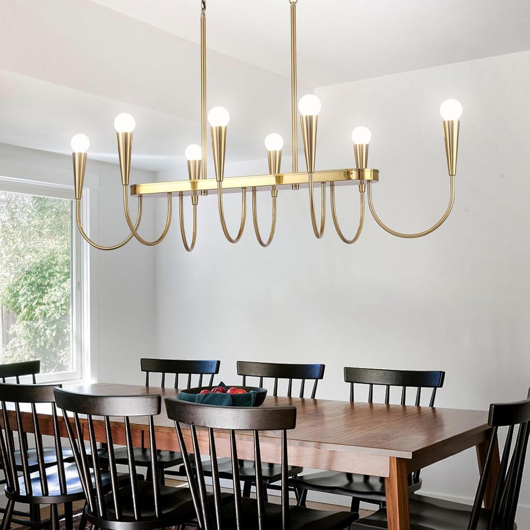 8-Light Gold Farmhouse Chandelier for Kitchen Island,Kitchen Island Lighting Over Table,48-Inch Industrial Candle Pendant Light Fixture for Dining Room,E26 Bulb Hanging Ceiling Light