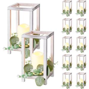 VEVOR 12 Set/36 Pcs Wooden Wedding Lantern Centerpiece, Includes 12 Wooden Lantern Candle Holder 12 Flameless LED Candle 12 Eucalyptus Leaves Wreath for Wedding Table Party Farmhouse Decor, White