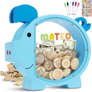 Piggy Bank for Kids, Blue Piggy Bank for Boys, Christmas for Boys and Girls,DIY Custom Name Coin Bank with Letter Stickers for Birthdays, Christmas