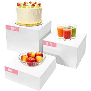 3Pcs Buffet Risers, Food Risers for Buffet Table, Display Stand Shelf for Party Catering Dessert Jewelry Collectibles , Different Size White Acrylic Cube Boxes Nesting Risers Food Display with Hollow Bottoms (3Pack square, 8''9''10'')