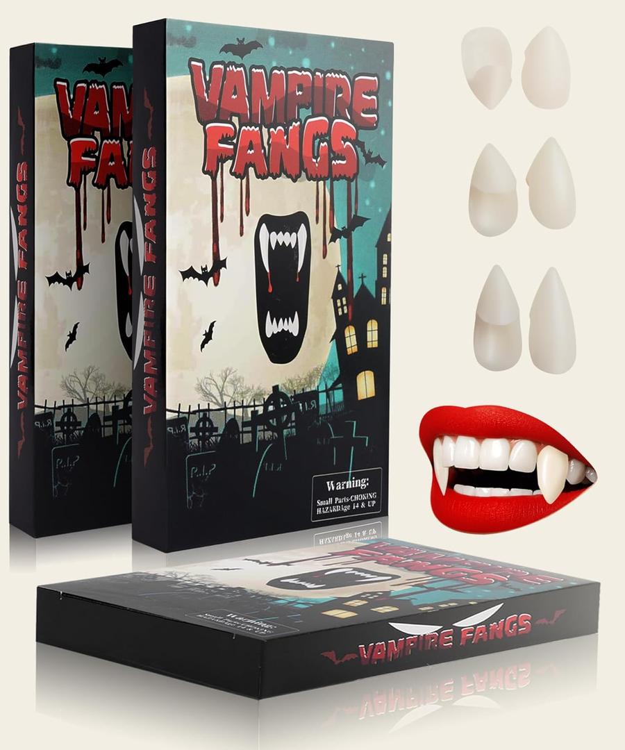YVELINES 3 Sizes Vampire Teeth Fangs with Upgraded Reusable Adhesive, Vampire Fang for Adults, Realistic Vampire Teeth, Halloween Realistic Vampire Fangs(13mm,15mm,17mm) (13 15 17)