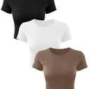 Neer 3 Pack Women's Crop Tops, Crew Neck Short Sleeve Cropped Shirts Slim Fitted Summer Casual Workout Basic Tight Tees(Black, White, Khaki,Large) (L)