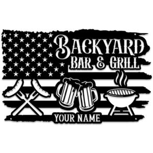 MeMate US Flag Backyard Decor Outdoor, Customized Bar and Grill Metal Sign, Personalized Large Plaque Wall Hanging Art for Patio, Men Caves, Restaurants (04)