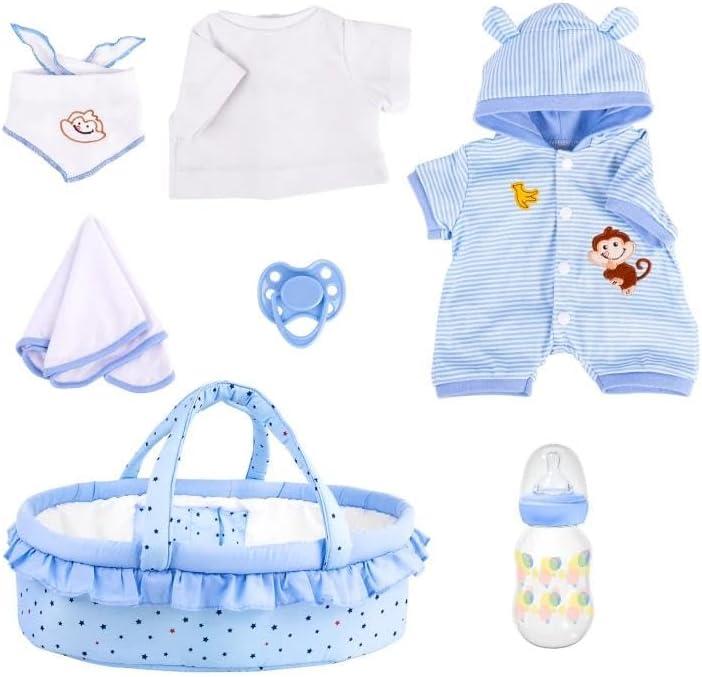 Aori 7 Pcs Reborn Baby Dolls Outfit Set with Bassinet Accessories for 16-18 Inch Newborn Doll, Blue Carrier Bed and Baby Clothes fit Newborn Doll