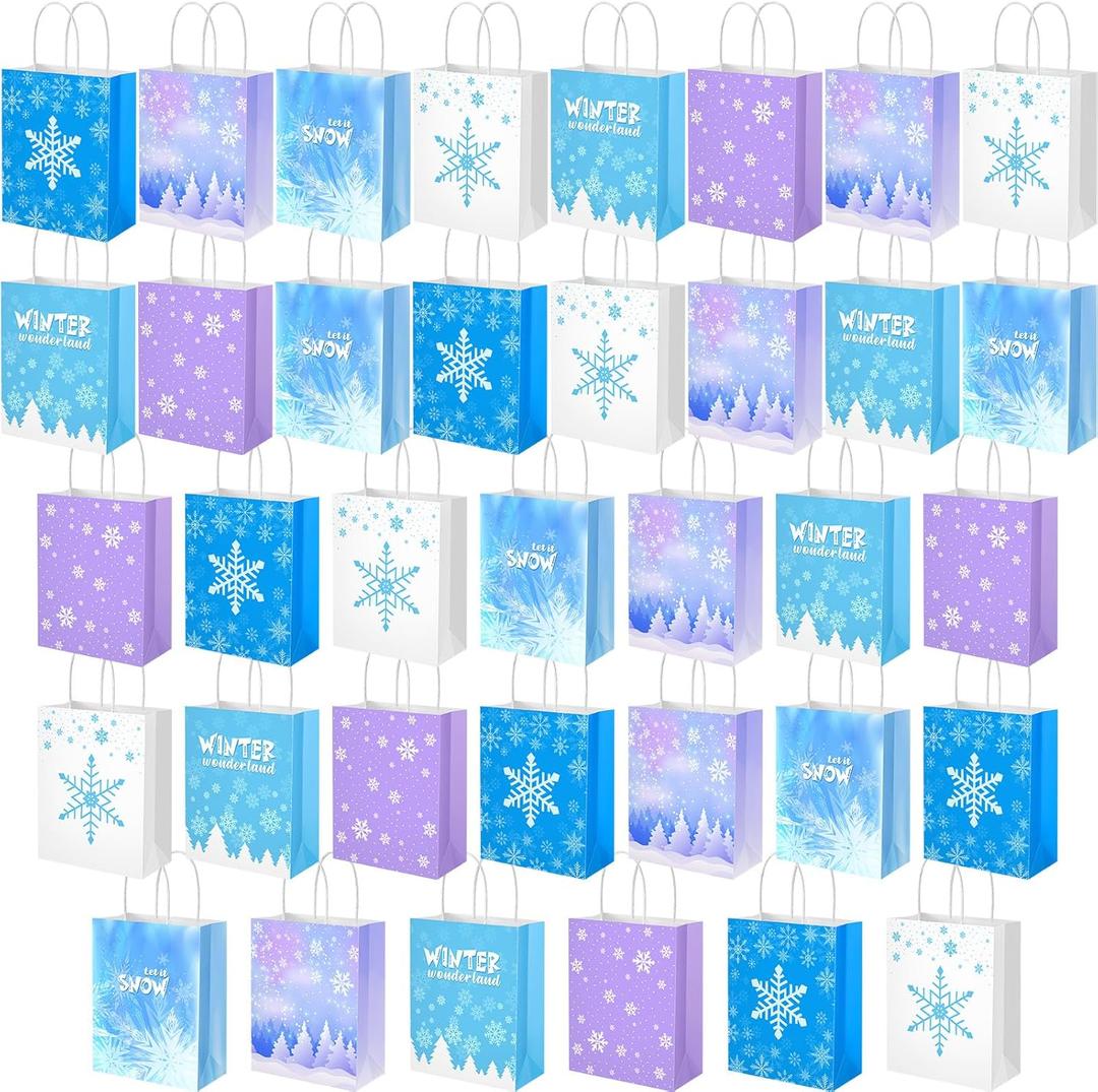 Henoyso 36 Pcs Snowflake Gift Bags with Handles Party Favor Goodie Bags Winter Wonderland Treat Bag for Candy, Christmas Holiday Supplies
