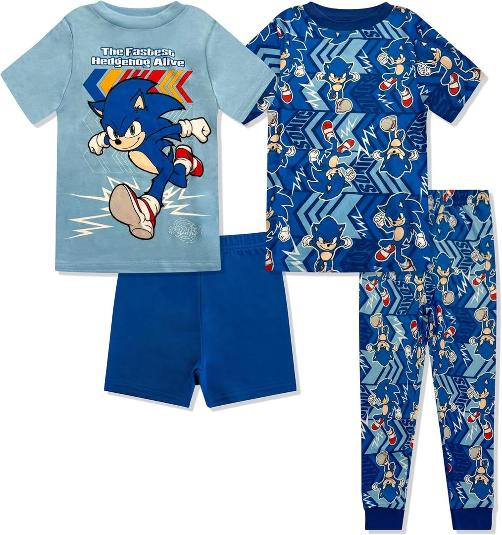 Sonic The Hedgehog 4 Piece Pajama Set - Boys PJs Short Sleeve Shirt, Shorts & Pants - Kids Sleepwear Set - Official License (Blue-blue), 4