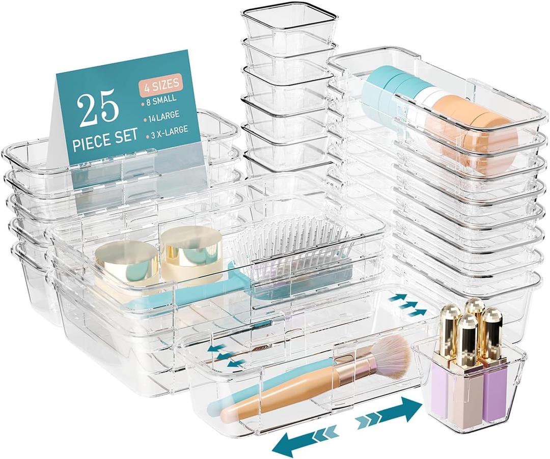 25 PCS Extendable Clear Plastic Drawer Organizer Set, Adjustable Bathroom Organizer, 3 Sizes Versatile Vanity Drawer Organizer Trays for Makeup, Bedroom, Office, Kitchen Utensils and Gadgets