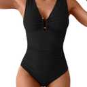B2prity One Piece Swimsuit for Women Tummy Control V Neck Bathing Suit Ruched Slimming Swim Suit Push Up Swimwear (Large, Black)