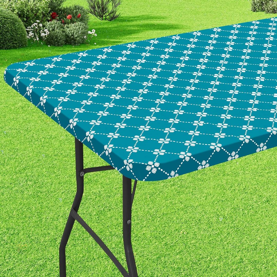 misaya Rectangle Vinyl Table Cloth, Elastic Fitted Tablecloth with Flannel Backing, Waterproof Plastic Table Cover Fits 4 Foot Folding Tables for Camping, Indoor and Outdoor (Teal, 30" x 48")