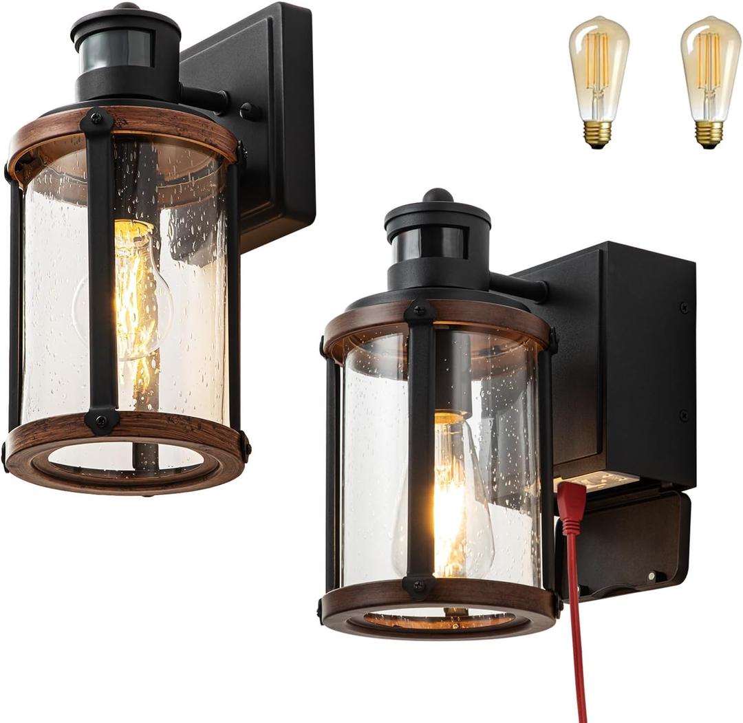 Outdoor Lights with GFCI Outlet, Motion Sensor Porch Lights for House 3 Modes, Dusk to Dawn Exterior Light Fixture Wall Mount,Waterproof Wall Sconce with Seeded Glass for Garage,Patio,2 Pack