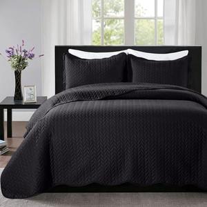 IR Imperial Rooms Queen Quilt Bedding Set Size (90" x 96") + 2 Pillow Shams (20" x 26"+ 2") - 3 Pcs All Season Lightweight Reversible Microfiber Coverlet Embossed Quilt Bedspread (Black)