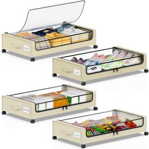 Beborxue Under Bed Storage with Wheels, 4-Pack Under Bed Storage Containers with Clear Lids, XXL 60L Under Bed Shoe Storage Organizer, Rolling Underbed Storage for Clothes, Shoes, Blankets (Beige)