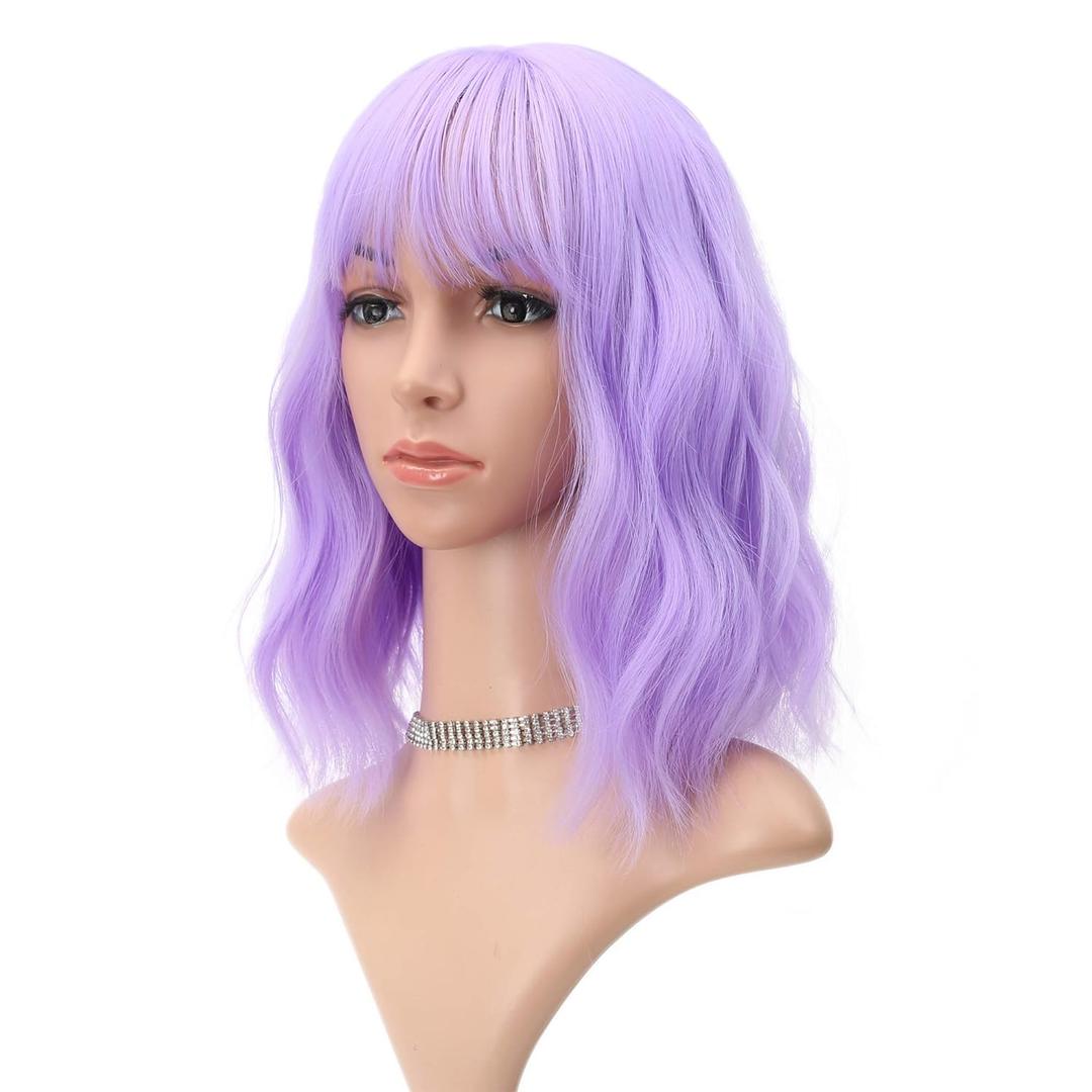 FAELBATY Short Wavy Purple Wigs With Air Bangs Shoulder Length Wig For Women Girls Curly Wavy Synthetic Halloween Cosplay Costume Wigs (12" Purple)