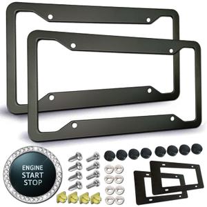 Matte Black License Plate Frames- Rustproof Aluminum Metal Car Tag Holder, 2 Pack Front Rear Slim Holder with Mounting Hardware- Screws, Caps