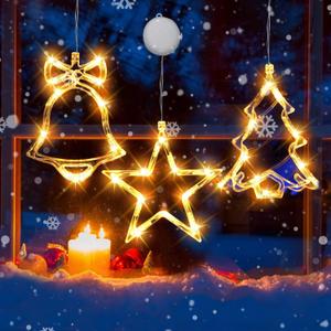 3Pcs Christmas Window Lights, Christmas Decorations Lights Battery Powered Hanging Indoor String Lights Xmas Tree & Jingle Bell & Star Shaped with Suction Cup for Xmas, New Year, Party,Indoor Decor