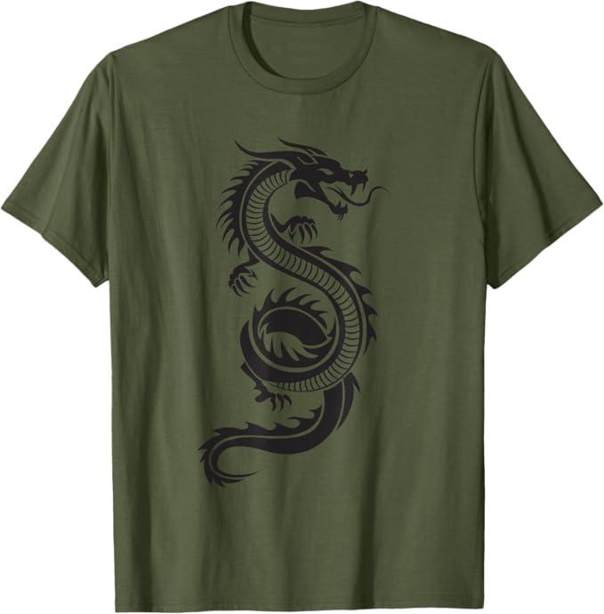 Martial Arts Red Chinese Firedrake T-Shirt Dragon Print Art T-Shirt. Size Youth Large Olive Green
