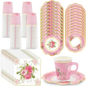 200Pcs Floral Tea Cups and Saucers for Tea Party Supplies, Disposable Tea Cups with Handle and Paper Napkins Dinnerware for Floral Theme Birthday Wedding Bridal Shower Baby ShowerPink