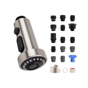 Hibbent Pull Down Kitchen Faucet Head Replacement, 3 Function Sink Faucet Sprayer Head Nozzle with 15 Adapters, Compatible with Moen, American Standard, Delta, Kohler Faucets, Brushed Nickel