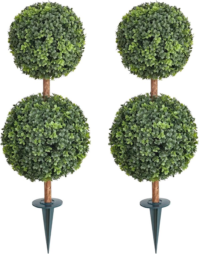 momoplant Artificial Topiary Double Ball Small Trees with Ground Spike 35 Inch Tall for Outdoor/Indoor [2 Pack] 2 Ft Faux Boxwood Plants