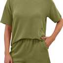 RUBZOOF Women's 2 Piece Sets Short Sleeve Outfits Ribbed Textured Knit Lounge Shorts Set Oversized Tracksuit Matching Sets (M)