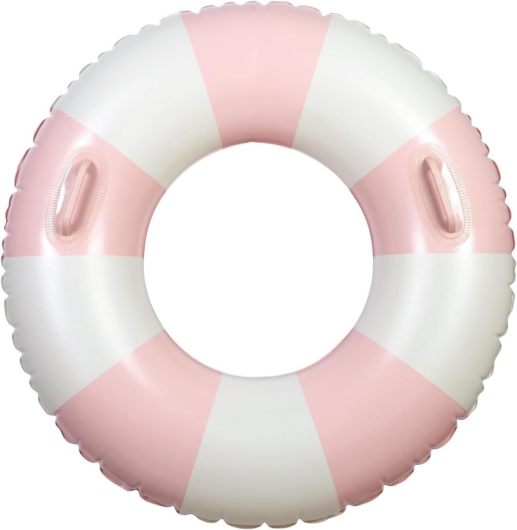 Large Swim Ring with Handles for Kids Adults, 35 Inch Classic Striped Pool Inner Tubes, Inflatable Pool Floats, Float Naked, Pool Floaties Adult Size for Summer Pool Party Beach Pink 1