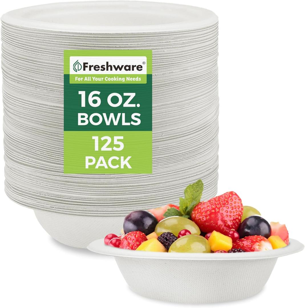 Freshware Paper Bowls - Disposable 16 oz. Soup Bowl, 125-Pack Biodegradable Sugarcane Fiber Serving Bowls - Heavy Duty Bagasse for Hot Food Plates - Microwave & Freezer Safe, Stackable Dinnerware (White)