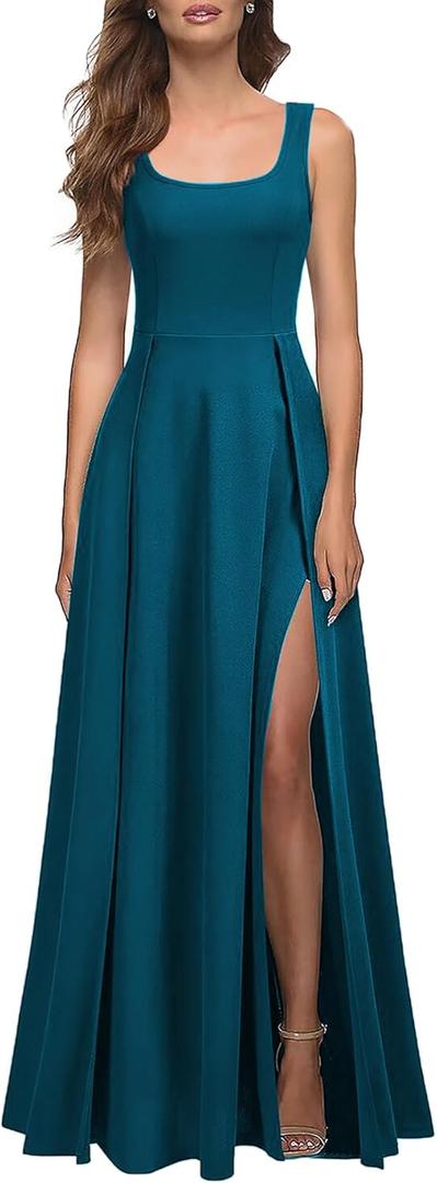 MUSHARE Women's Square Neck Sexy Split Cocktail Party Maxi Long Formal Dress (Teal Color) S