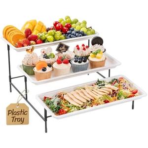 Lifewit Plastic 3 Tier Serving Tray for Party Supplies, 14" x 6.5" Crack-Proof Platters for Serving Food, White Reusable Trays with Black Metal Display Stand for Veggie, Fruit, Cookies, Dessert