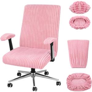 Tegeme Set of 4 Faux Fur Office Chair Covers Set with Armrest Covers, Computer Universal Stretchable Chair Seat Protector Washable Jacquard Computer Seat Slipcovers for Home Office(Pink)