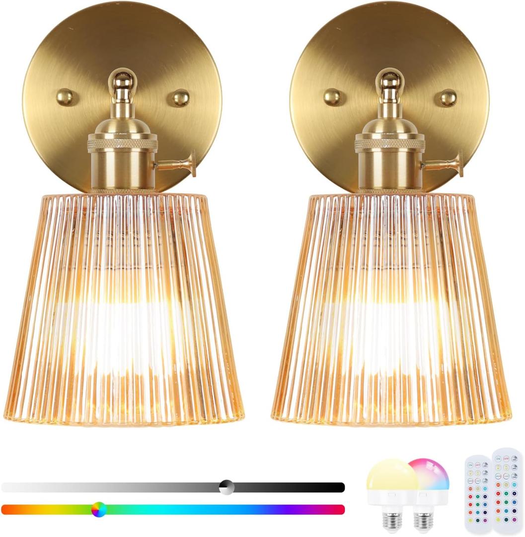 Vintage Battery Operated Wall Sconce Set of 2, Wireless Rechargeable Dimmable Wall Light with RGB Bulb and Remote for Bedroom, Vintage Gold Wall Lamp for Bedroom Living Room Hallway (Amber)