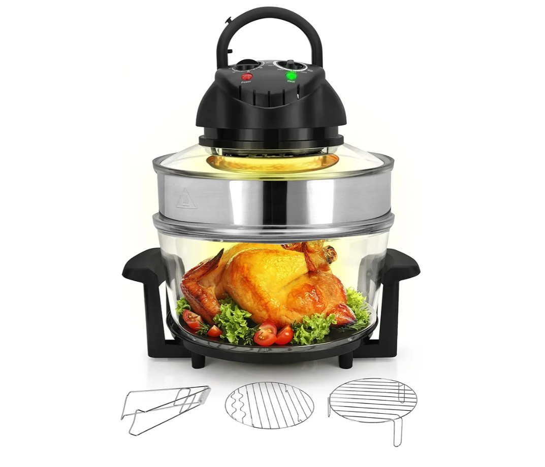 Nutrichef Convection Countertop Toaster Oven - Healthy Kitchen Glass Air Fryer Roaster Oven, Bake, Grill, Steam Broil, & Roast - Includes Glass Bowl, Broil Rack, & Toasting Rack - 18 Quart
