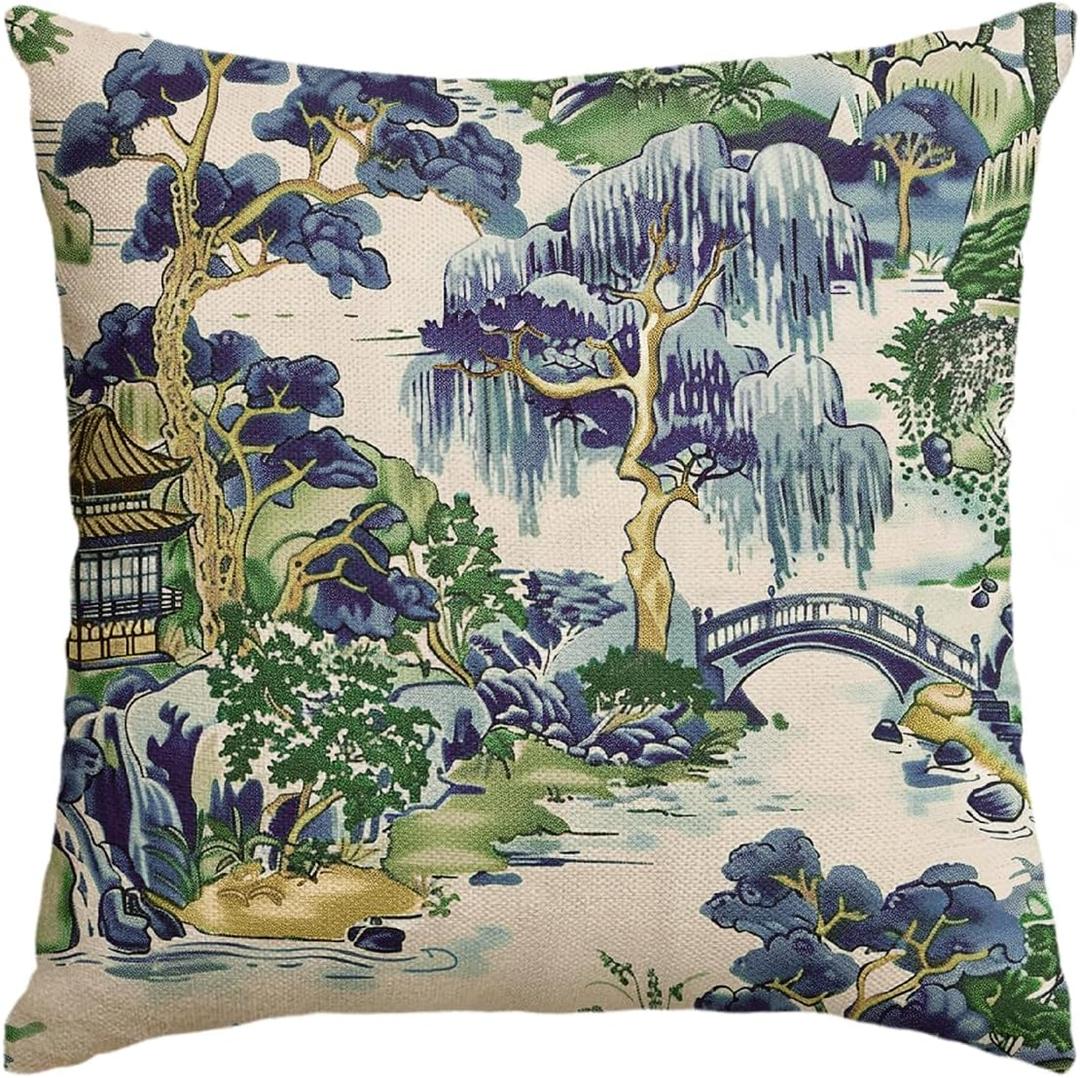AVOIN colorlife Chinoiserie Blue Trees House Bridge Grandmillennial Throw Pillow Cover, 18 x 18 Inch Spring Summer Cushion Case Decoration for Sofa Couch Farmhouse
