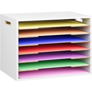 12x18 Construction Paper Organizer Wood, 7 Tier Desk File Organizer with Handle, Stackable Paper Sorter Storage Holder with Adjustable Shelves for Craft Room Home Office Classroom, White