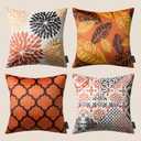 Phantoscope Set of 4 New Living Series Halloween Velvet Pillows Leaf Geometric Throw Decorative Fall Velvet Pillow Cover Cushion Cover, Orange and Black 18 x 18 inches 45 x 45 cm