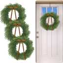 3 Pcs 20 Inch Christmas Cedar Wreath Artificial Greenery Wreath Winter Farmhouse Holiday Decoration with Khaki Ribbon Bow for Front Door Window Xmas Indoor Outdoor Home Decoration
