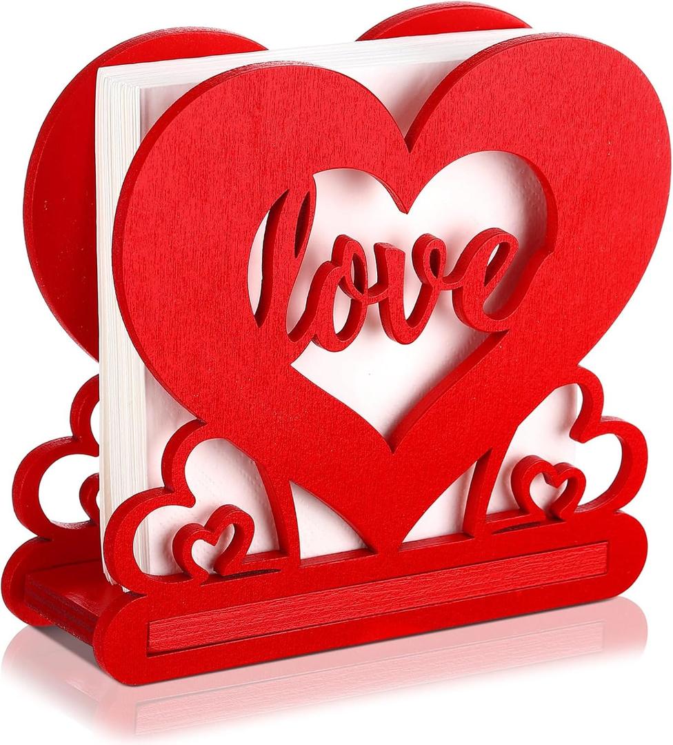 Barydat Valentines Heart Napkin Holder for Tables Wooden Tissue Dispenser Red Vintage Cocktail Napkin Holder Wood Farmhouse Modern Tissue Dispenser for Storage