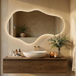 Irregular LED Bathroom Mirror with Lights, Backlit Vanity Mirror for Wall, Asymmetrical Wall Mirror, 3 Color Dimmable Anti-Fog Smart, Decorative Mirror for Bathroom, Entryway(22 x 36, 1 Pack)