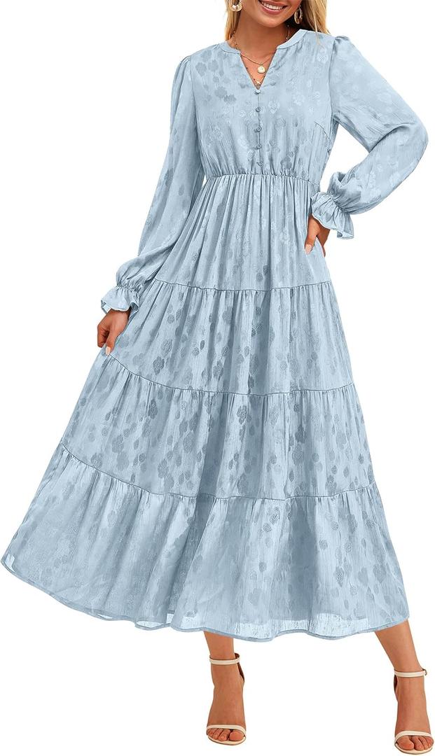 KIRUNDO Spring Wedding Guest Dresses for Women 2026 Maxi Floral Long Sleeve Elegant Ruffle Tiered Flowy Party Long Dress (XX-Large, Light Blue)