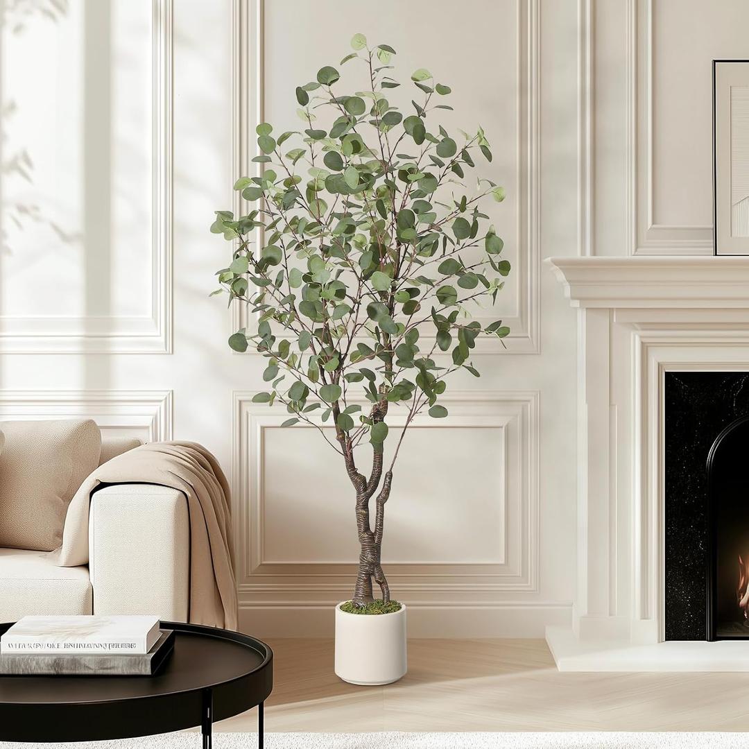 GarveeHome Artificial Eucalyptus Tree Indoor, 5 ft Tall Fake Artificial Plant with White PlanterLarge Faux Floor Plant Fake Silk Trees Artificial Trees for Home Decor Indoor