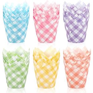 Whaline 180Pcs Pastel Plaid Tulip Cupcake Liners Muffin Baking Cups Colorful Checkered Cupcake Wrappers for Spring Easter Baby Shower Birthday Party Supplies Table Decor