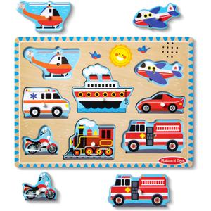 Melissa & Doug Vehicles Sound Puzzle - Wooden Peg Puzzle With Light-Activated Sound Effects (8 pcs) Puzzles for Toddlers, Wooden Puzzles For Kids Ages 2+