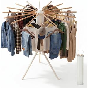 Clothes Drying Rack Foldable, Portable Laundry Drying Rack for Clothes with 16 Wooden Rods & 48 Windproof Slots, Collapsible Tripod Dry Rack for Apartment, RV, Balcony